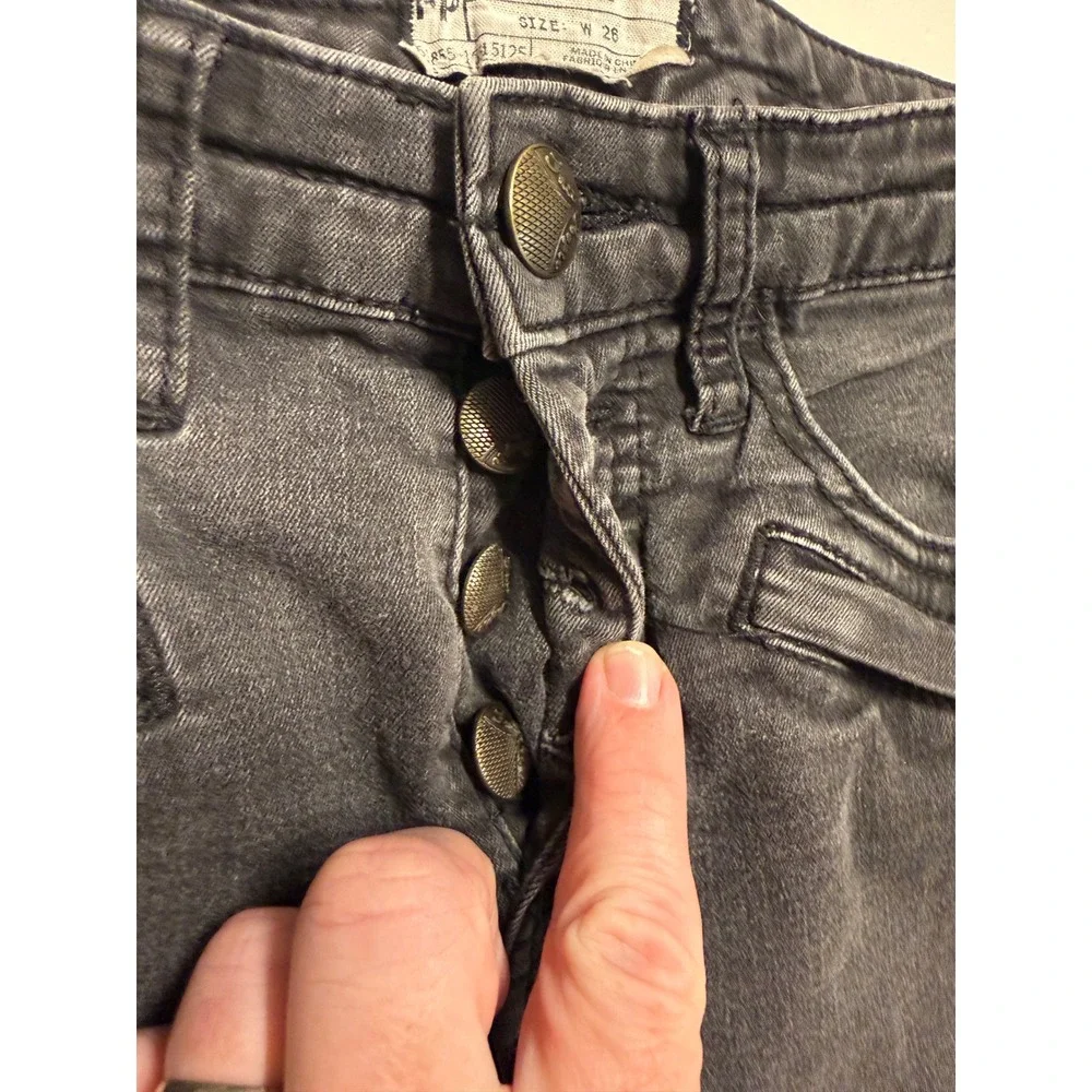 Free People Womens Moto Skinny Jeans Washed Black Button Fly Ankle Zip W26